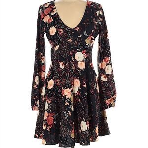 Abercrombie & Fitch Black Floral V-neck Long Sleeve Fit N Flare Mini Dress Sz XS